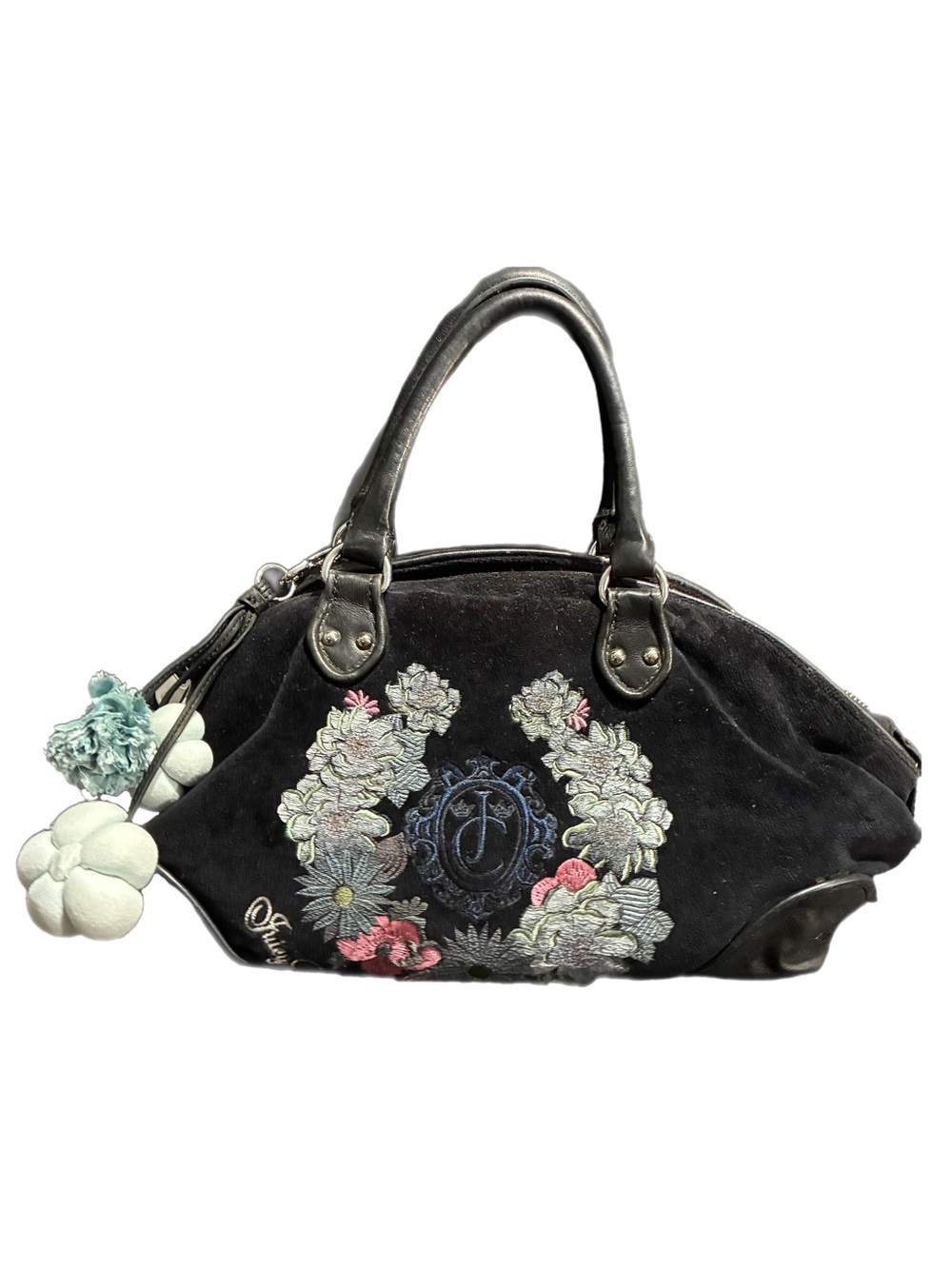 Vntg Y2K Juicy Couture BEVERLY Black Velvet Bag Satchel Charms Floral Embroidery